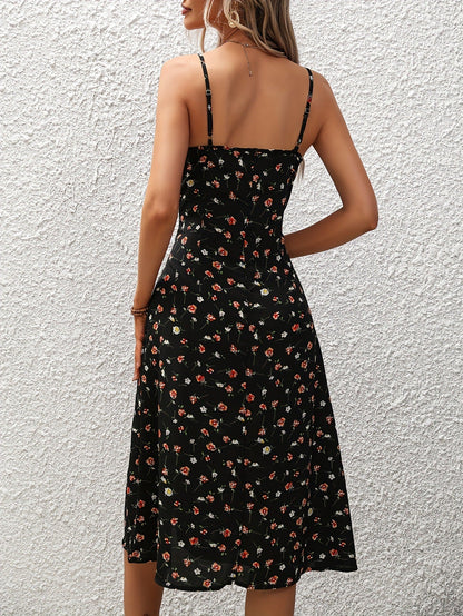 Lighteme Polka Dot Print Maxi Dress with Sexy Slit and Suspender Straps