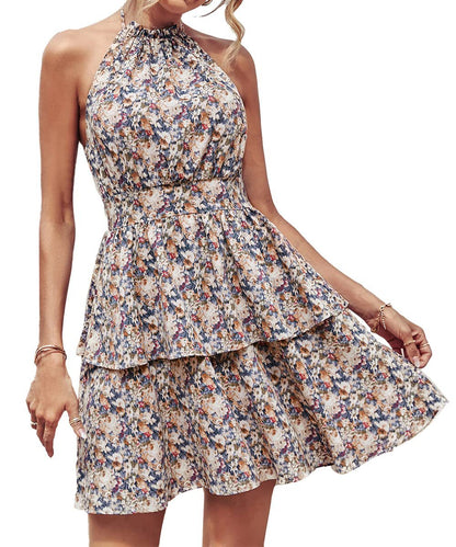 Lighteme Summer Floral Halter Dress with Ruffle Details and Backless Design