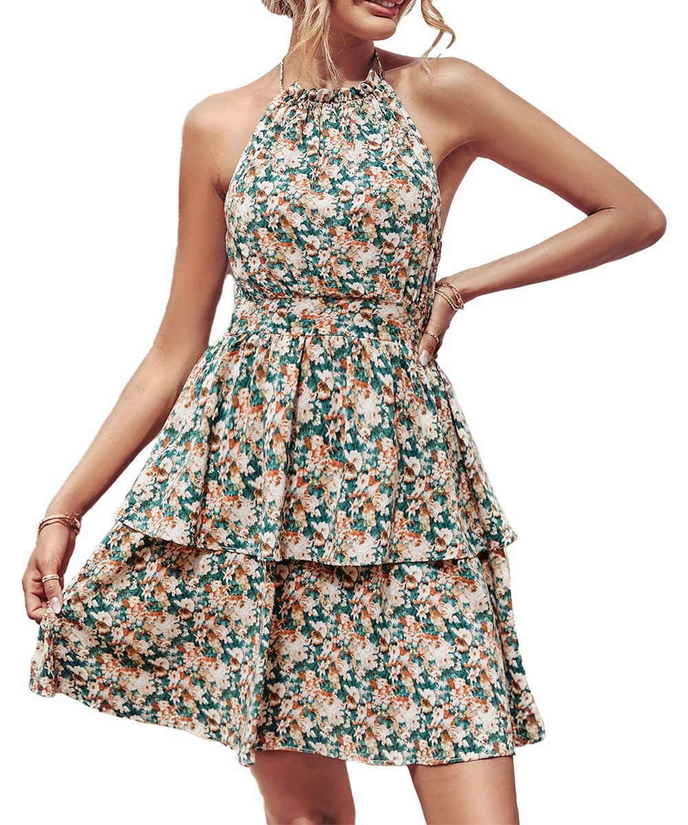 Lighteme Summer Floral Halter Dress with Ruffle Details and Backless Design