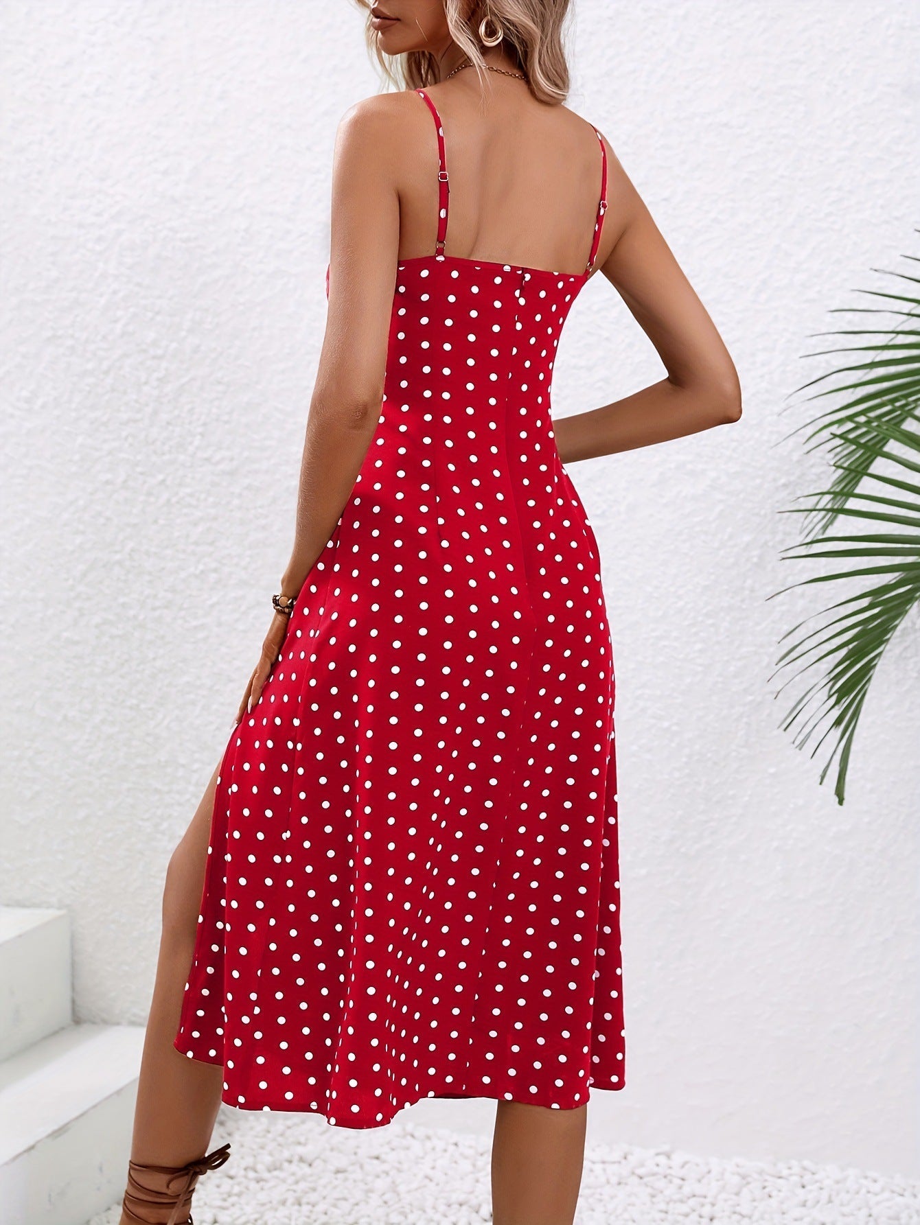 Lighteme Polka Dot Print Maxi Dress with Sexy Slit and Suspender Straps