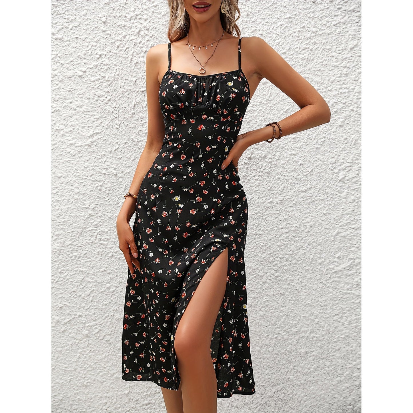 Lighteme Polka Dot Print Maxi Dress with Sexy Slit and Suspender Straps