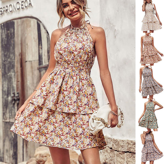 Lighteme Summer Floral Halter Dress with Ruffle Details and Backless Design