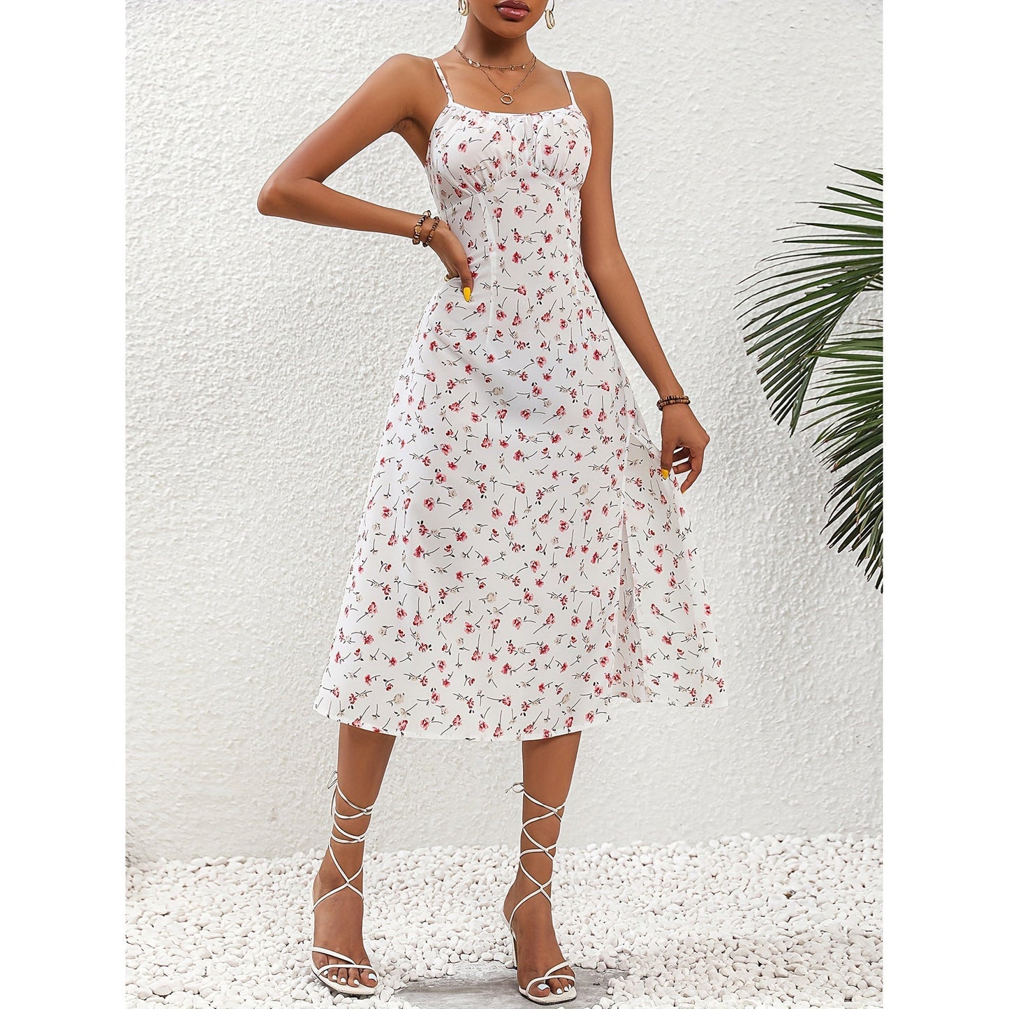 Lighteme Polka Dot Print Maxi Dress with Sexy Slit and Suspender Straps