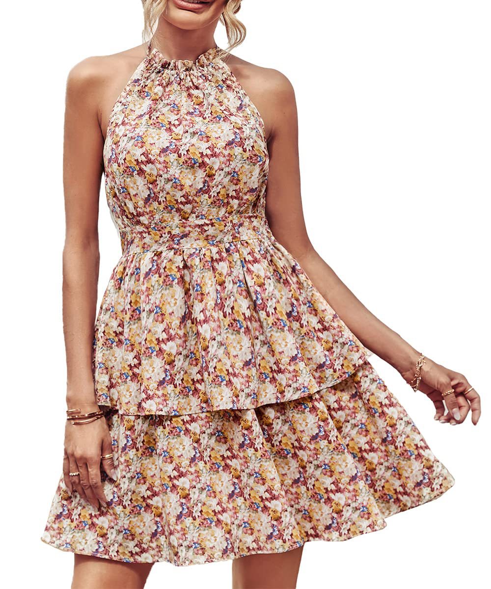 Lighteme Summer Floral Halter Dress with Ruffle Details and Backless Design