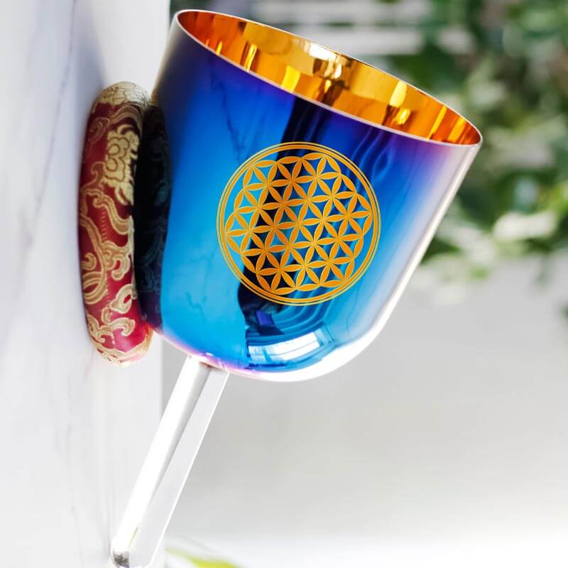 Lighteme Blue Flower Of Life Singing Bowl With Handle Deluxe Gold Plated 7 Chakra Crystal Singing Bowl Handle