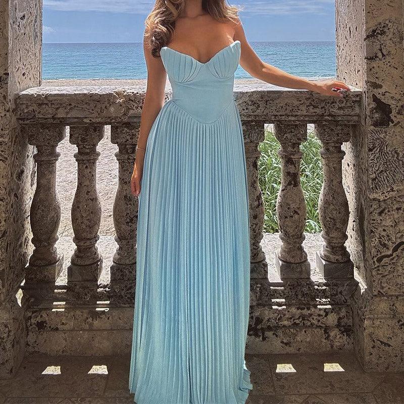 Lighteme Luxury Off-Shoulder Blue Corset Maxi Dress