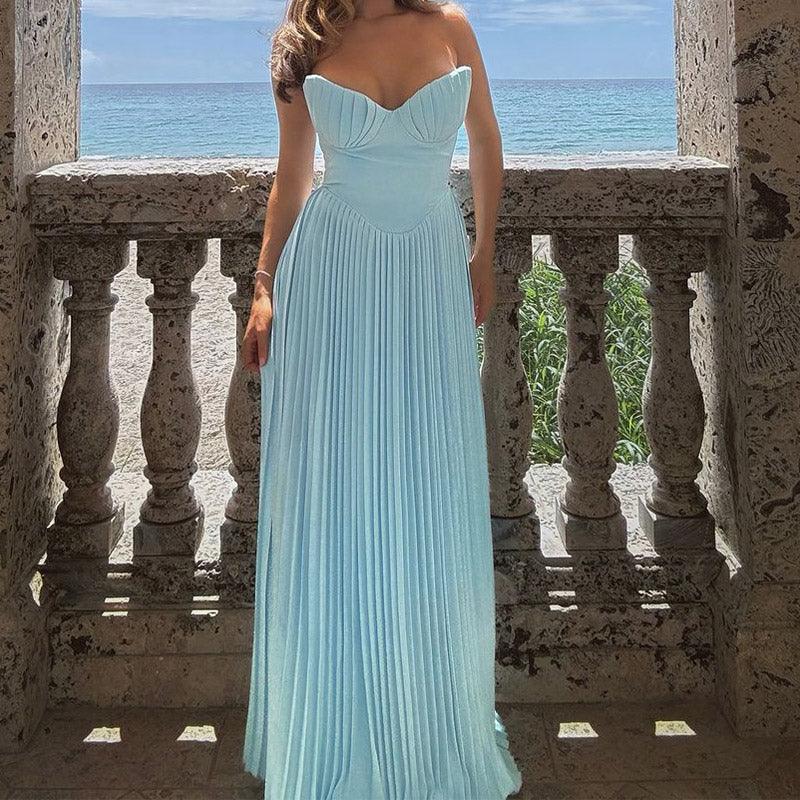 Lighteme Luxury Off-Shoulder Blue Corset Maxi Dress