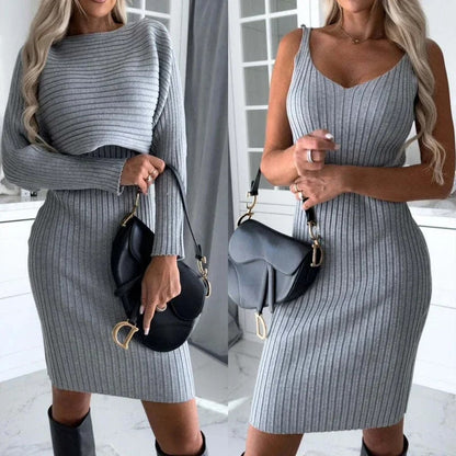 Lighteme Women's Dress with Long Sleeve Crop Top Set