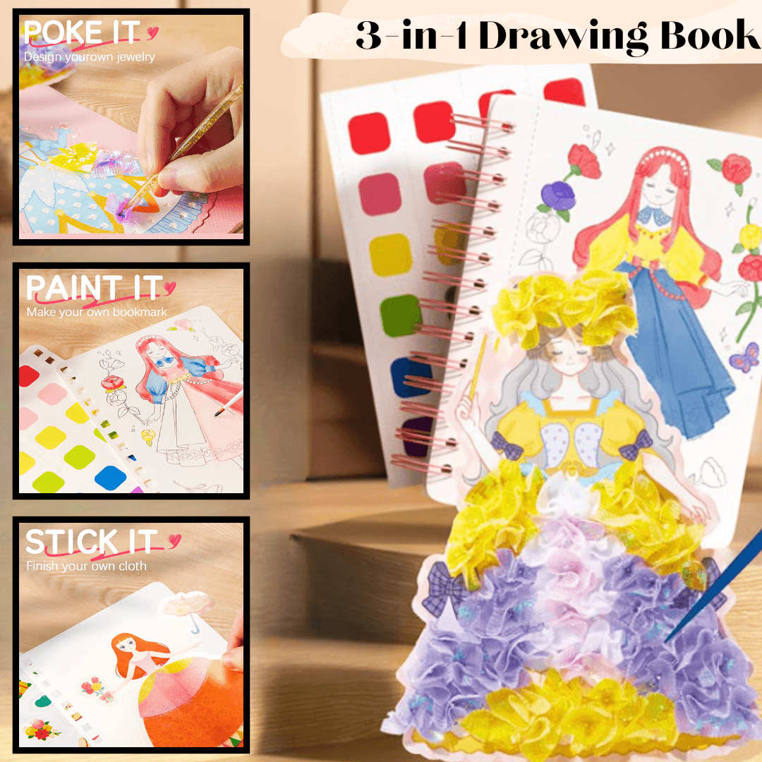 Lighteme Princess Art Adventure 3-in-1 Drawing Book with Watercolors, Stickers, and Poking