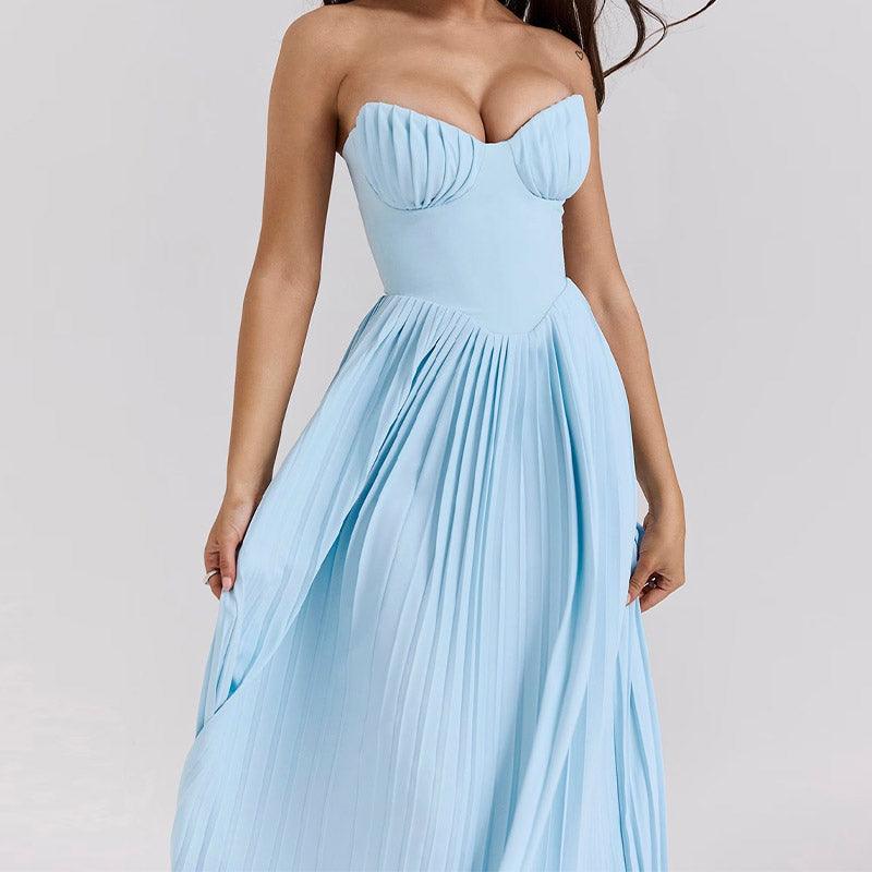 Lighteme Luxury Off-Shoulder Blue Corset Maxi Dress