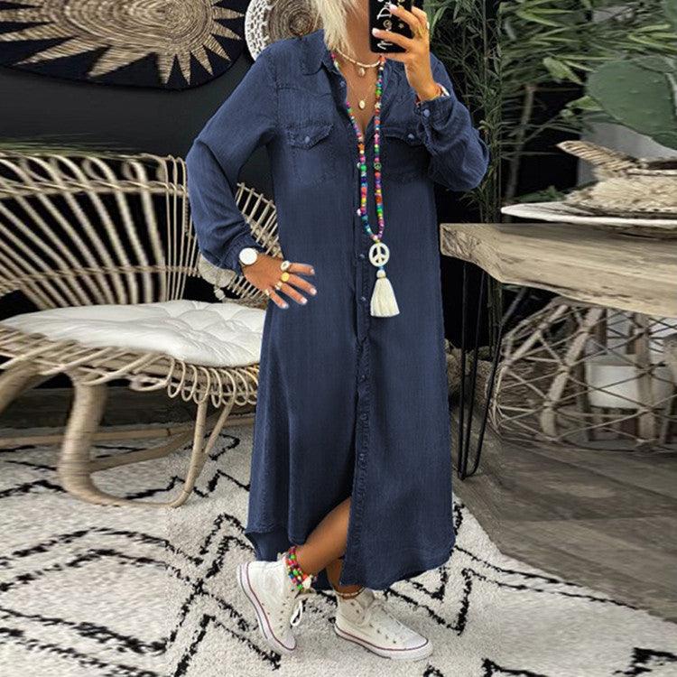 Lighteme Blue Denim Style Long Dress