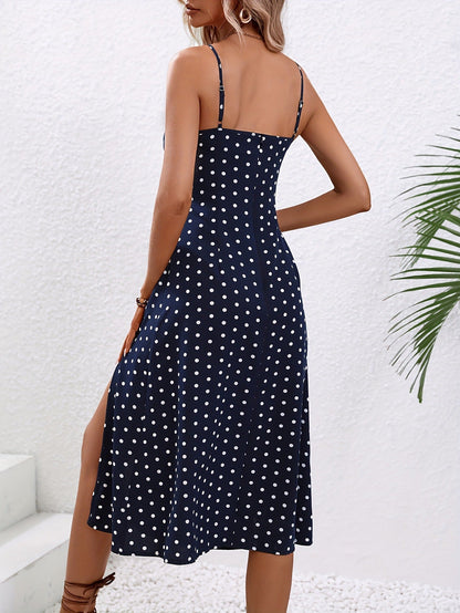 Lighteme Polka Dot Print Maxi Dress with Sexy Slit and Suspender Straps