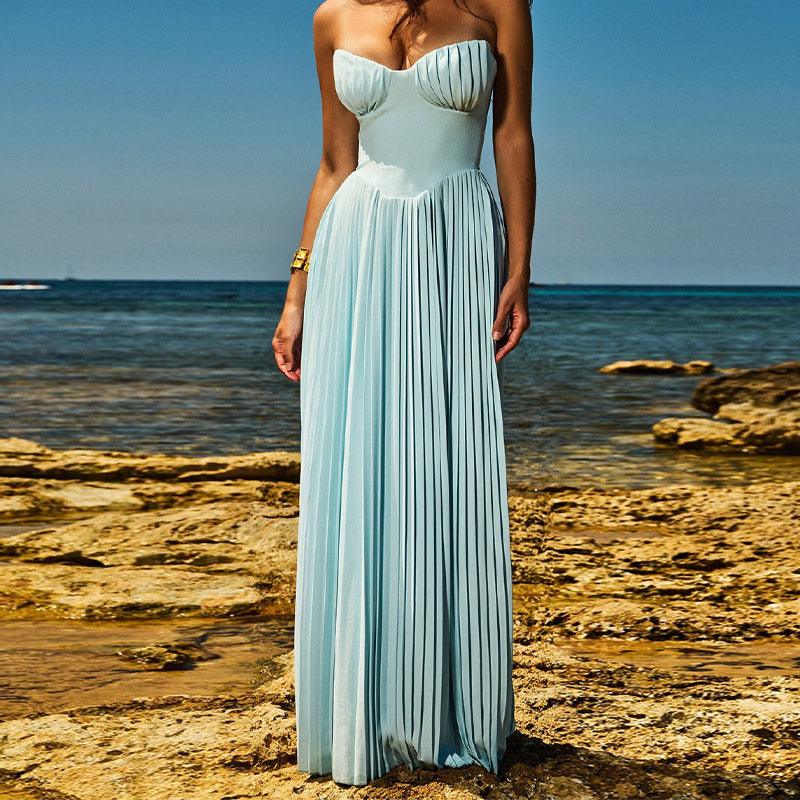 Lighteme Luxury Off-Shoulder Blue Corset Maxi Dress