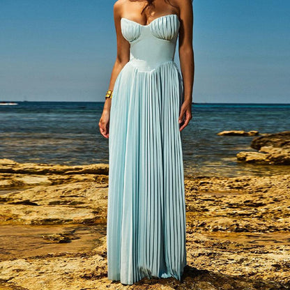 Lighteme Luxury Off-Shoulder Blue Corset Maxi Dress