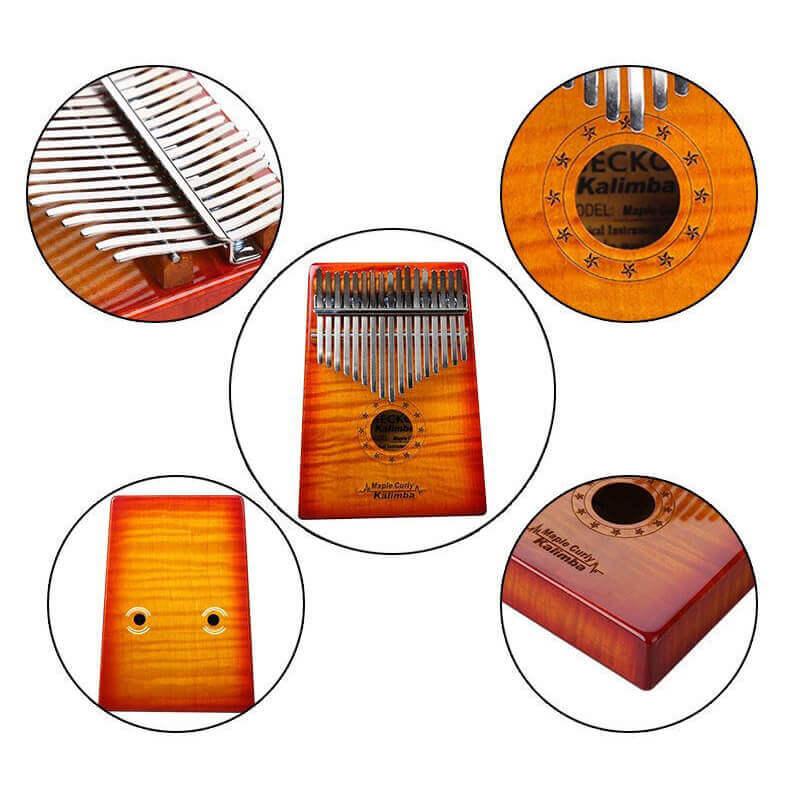 Gecko Kalimba 17 Keys Thumb Piano, Hollow C Tone Kalimba Instrument, Curly Maple Round Hole Opening Box Resonace Single Board Trepanning - HLURU.SHOP