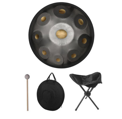 MiSoundofNature King Customized F3/F#3 Akepygnox Scale 22 Inch 10/11 Notes Stainless Steel / Nitride Steel Handpan Drum, Available in 432 Hz and 440 Hz - Gold-plated Sound Area