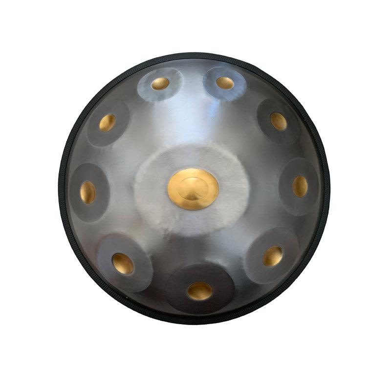 MiSoundofNature King Customized F3 Low Pygmy Scale 22 Inch 10/10+2 Notes Stainless Steel / Nitride Steel Handpan Drum, Available in 432 Hz and 440 Hz - Gold-plated Sound Area