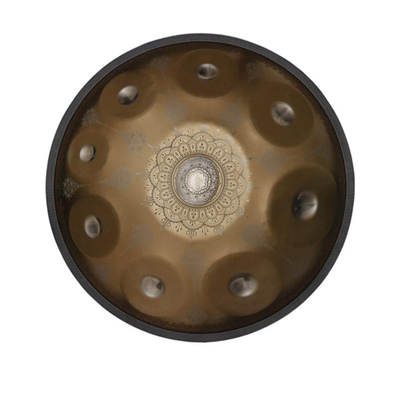 Lighteme Royal Garden Mini Handpan Drum Handmade Kurd Scale G Minor 18 Inch 9 Notes, Available in 432 Hz and 440 Hz, Featured High-end Stainless Steel Percussion Instrument - Gold-plated Sound Area, Laser engraved Mandala pattern. Never fade.