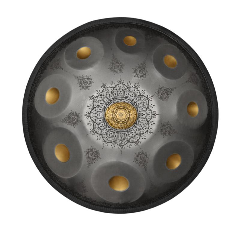 Lighteme Royal Garden Mini Handpan Drum Handmade Kurd Scale G Minor 18 Inch 9 Notes, Available in 432 Hz and 440 Hz, Featured High-end Stainless Steel Percussion Instrument - Gold-plated Sound Area, Laser engraved Mandala pattern. Never fade.