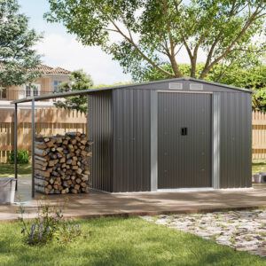 Wide Metal Garden Storage Shed with Gabled Roof and Lean-To