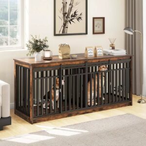 70.9 Ray Double Dog Crate Furniture For 2 Dogs With Bowl