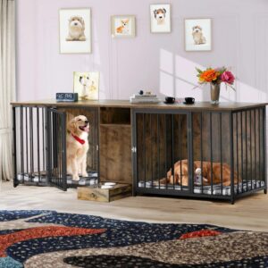 95.2 Rustic Double Dog Crate Furniture For 2 Dogs With Bowl